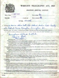A copy of the original G3MAR licence from 1957 - the callsign was in use by the Club before this time.